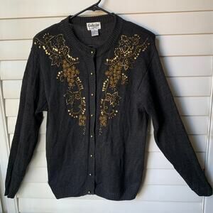 Vintage Gold Beaded and Sequin Black Cardigan Knit Sweater Women's Medium